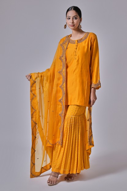 Cotton Silk Yellow Embroidered Sharara Suit